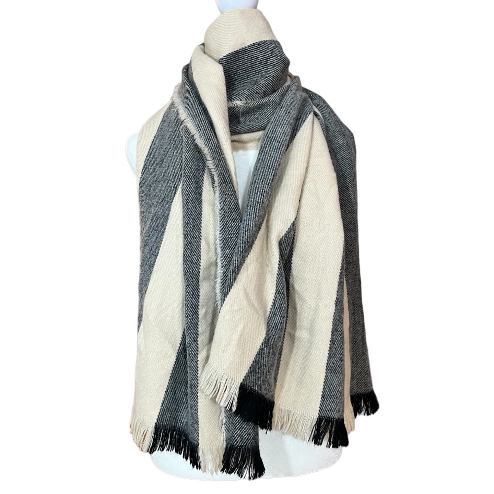 Silence + Noise Acrylic Stripe Blanket Scarf Black Cream Fringe | One Size